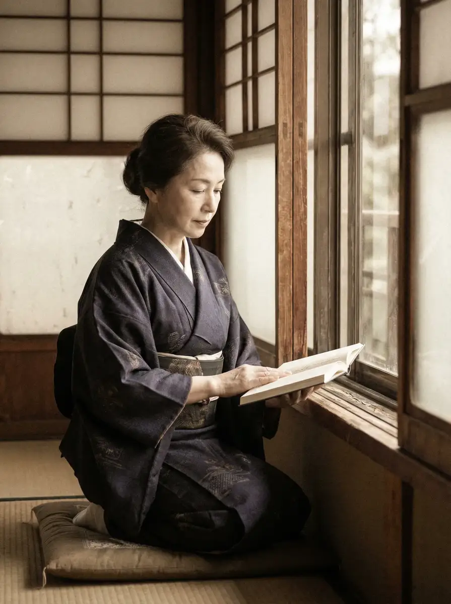 一位优雅的五十岁 极品美女 身穿深蓝色和服，在窗边静读