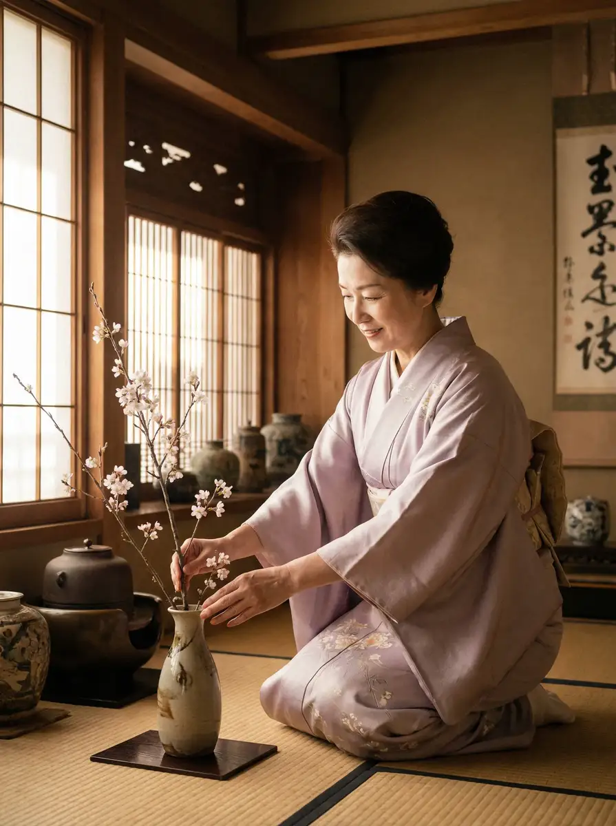 一位优雅的 极品美女 在和室中插花